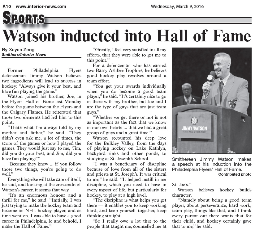 Smithers Man Jimmy Watson inducted into Philadelphia Flyers' Hall of Fame.