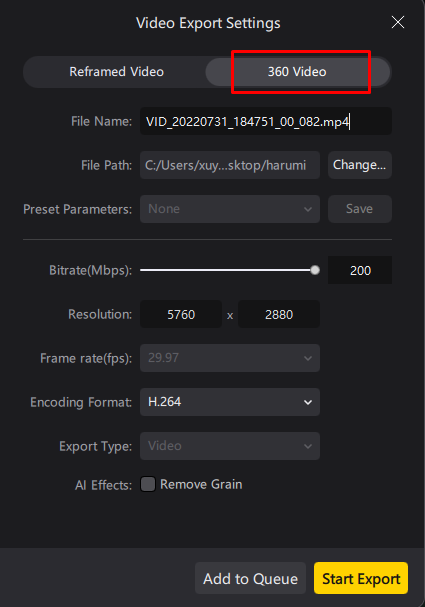 Exporting a video in Insta360 Studio