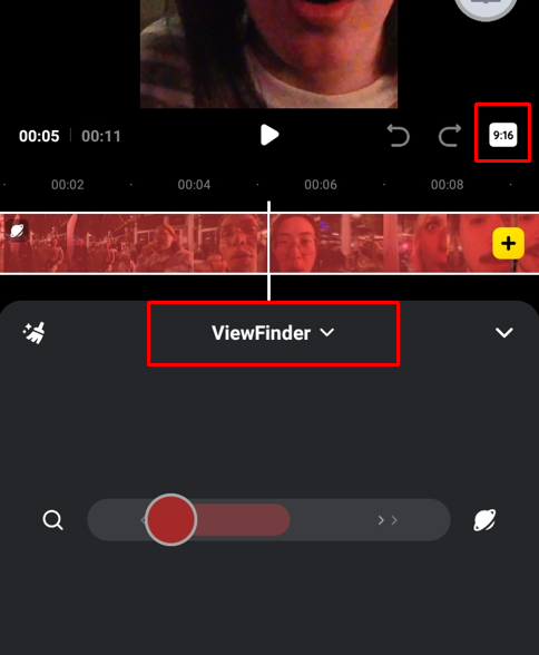 The two most important buttons: the aspect ratio button (top right red box) and the Viewfinder mode.