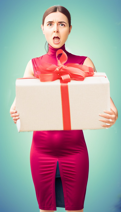 stable diffusion marketing ad of a woman holding a gift while looking shocked