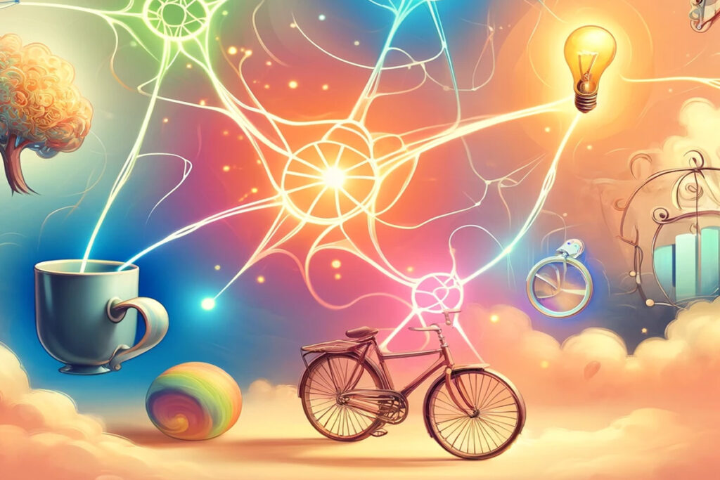 An imaginative illustration showing various objects such as a teacup, bicycle, light bulb, tree, and a swirl ball connected by glowing, colorful hyperlinks against a dreamy, pastel sky with fluffy clouds.